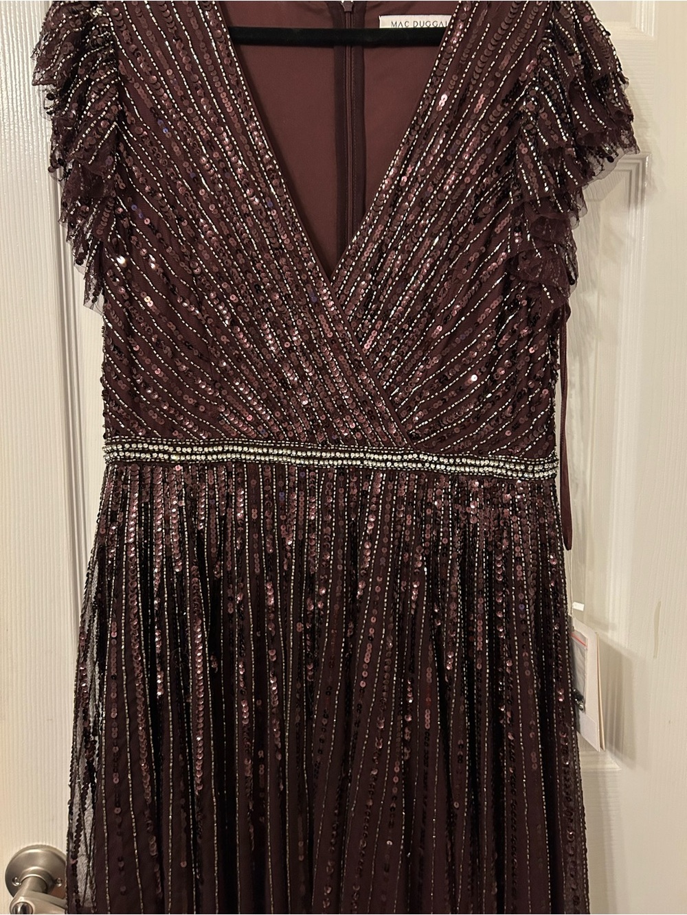 Mac Duggal Plum Beaded Sequin Flutter Sleeve Gown - Picture 9 of 16